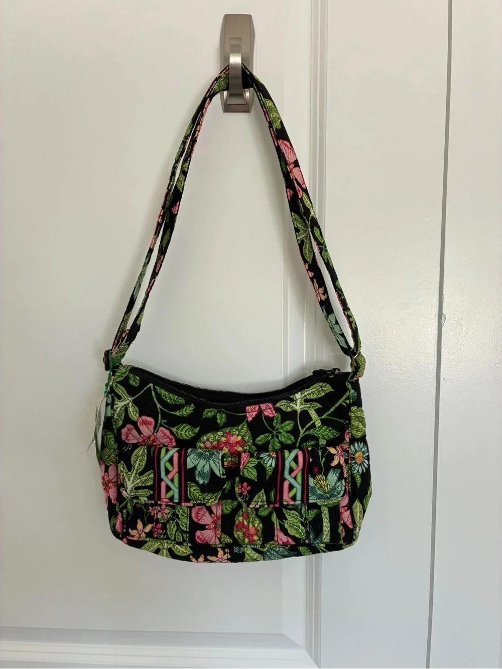 Vera Bradley Black Quilted Floral Crossbody with Pink and Green Accents